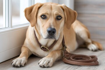 Labrador retriever dog lying indoors with leash