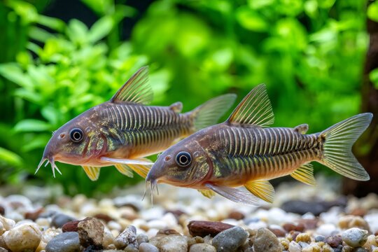Bronze corydoras corydoras aeneus swimming in freshwater aquarium