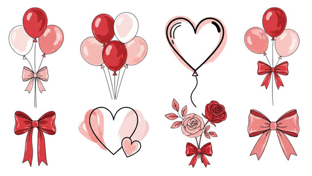 Collection of charming hand drawn valentine elements including red and pink balloons heart shapes decorative bows and romantic rose floral arrangements