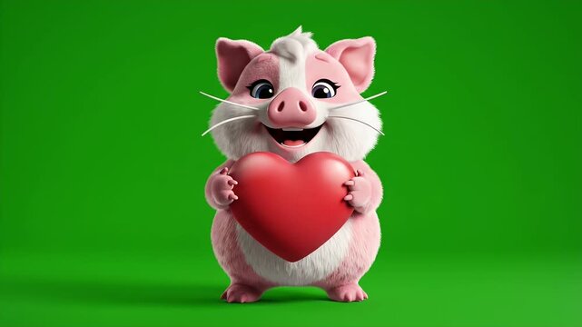 Adorable cartoon pig holding a red heart on green background.