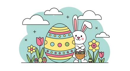 Fototapeta premium Easter bunny with decorated egg and flowers, spring holiday illustration