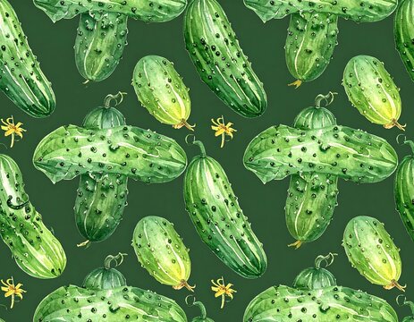 Watercolor cucumbers pattern ripe green pickles and blossoms scattered over a muted green background create a fresh vibe