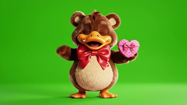 3D cartoon bear character holding a heart shaped gift.