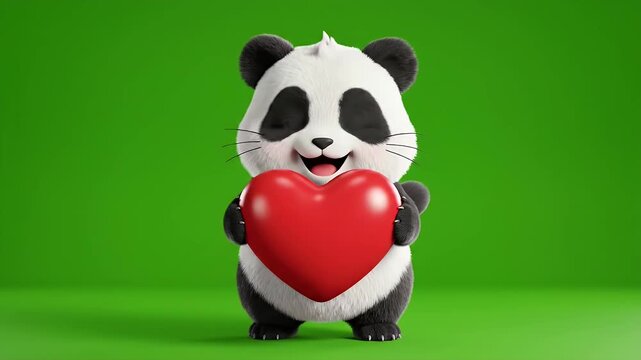 Adorable cartoon panda bear holding a red heart symbol.