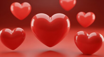 Several glossy red hearts of varying sizes float against a gradient red backdrop