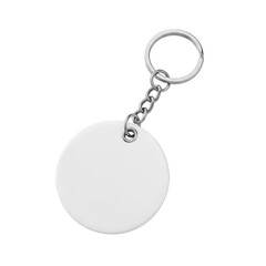 A plain white keychain with a circular tag and silver chain on a white background. isolated on transparent background