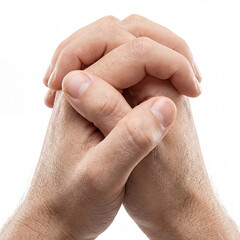 A hyperrealistic, high-resolution macro photograph capturing two adult human hands tightly clasped and interlocked, positioned vertically in a posture of deep contemplation or prayer
