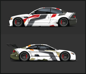 Side views of two white sports cars with red and black accents