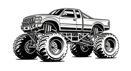 Monster Truck Line Art Illustration: Off-Road Vehicle with Huge Tires © Aziz