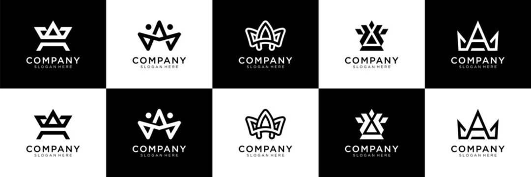 Set of initial letter A with crown logo design. Universal icon for business and branding. minimalist elegant design vector illustration.