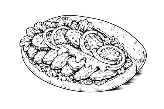 Sketch style illustration of pita sandwich with meat, vegetables and sauce. Line art food drawing in black outline for menu, street food design and restaurant branding.