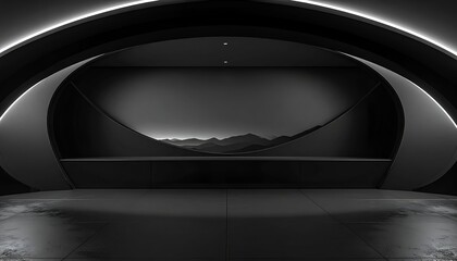 Futuristic black interior with curved design and mountain landscape backdrop