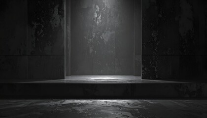Spotlight shines on a platform in a dark, textured, industrial-like room