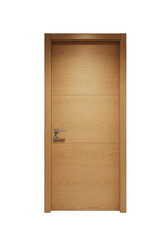 Fototapeta premium floor-to-ceiling light oak slab door with minimalist brushed stainless steel handle and concealed hinges, hyper-realistic architectural showroom interior; concept of luxurious simplicity