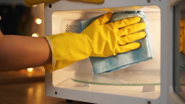Household hygiene routine person in yellow gloves wiping microwave oven interior clean