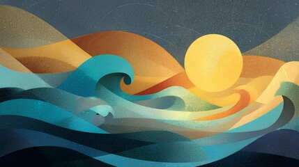 Harmonious Horizon: Waves dance under a radiant sun, painting a tranquil coastal scene with a serene color palette.