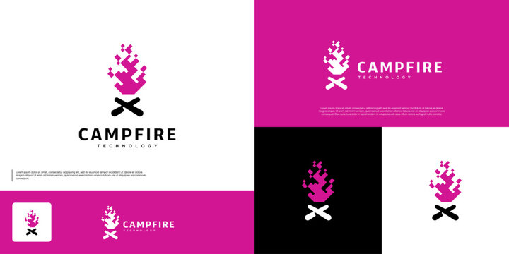 Abstract logo composed of pixels in the shape of a bonfire, modern technology, vector graphic template.