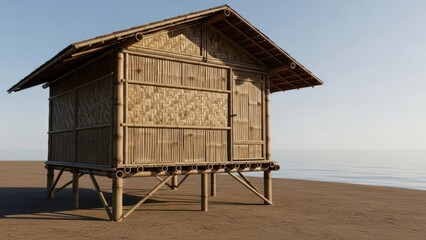 Traditional bamboo hut on stilts stands on a beach, sunlight and ocean visible