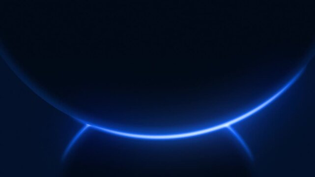 Animation of intersecting glowing blue neon curves, abstract dark motion graphic background with blank copy space 