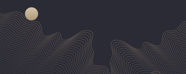 Vector abstract art landscape mountain with birds and sunrise sunset by golden line art texture isolated on dark grey black background. Minimal luxury style for wallpaper, wall art decoration.