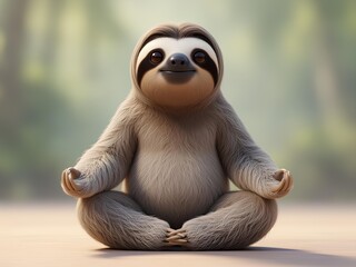 Naklejka premium A cute cartoon sloth sits cross-legged, eyes closed in meditation, surrounded by a soft, green backdrop, radiating tranquility.