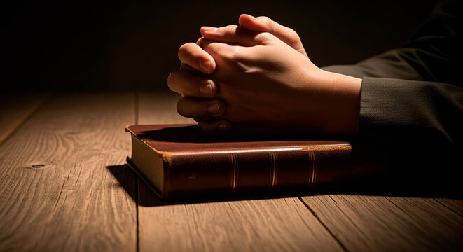 Bible with folded hands &ndash; folded hands resting on Bible symbolizing prayer and faith. Image can be used for religion, spirituality, and Christian devotion themes.