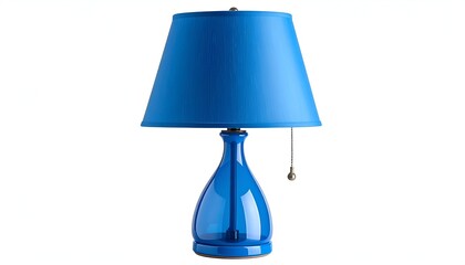 Modern blue lamp with empire shade and glass base on a white background