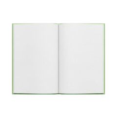 An open book with blank white pages outlined in green on a white background. isolated on transparent background