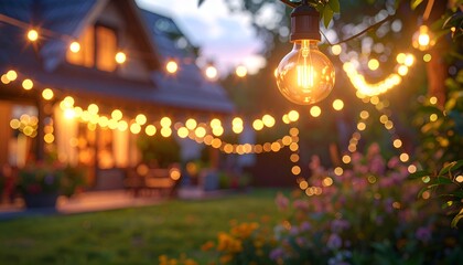 Warm backyard lights strung between trees and house at dusk