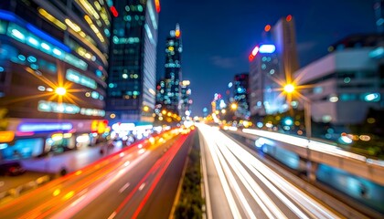 Cityscape blurs with light trails during a long exposure night shot