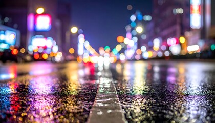 Wet city street at night with blurred colorful lights reflecting on the road