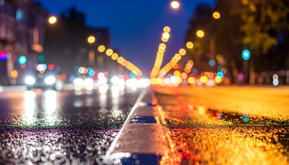 Wet street at night with bokeh lights and blurred traffic