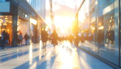 Sunny city streetscape with blurred pedestrians and modern buildings