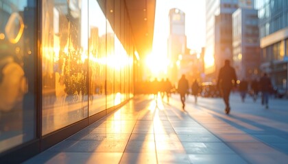 Urban street scene at sunset with golden light reflecting off glass building