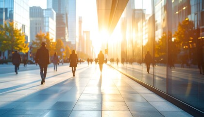 Blurred city street scene at sunset, with pedestrians and glass building reflections