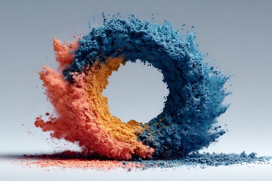 A vibrant ring of colorful powder exploding in a dynamic display of blue, orange, and yellow hues.