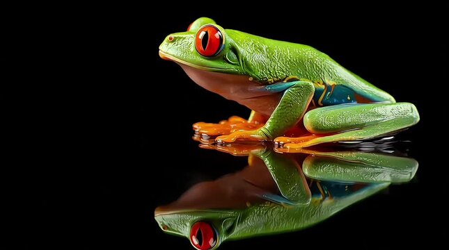 Vibrant Red-Eyed Tree Frog Resting on Reflective Surface with Black Background