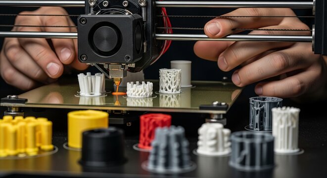 A close-up shot of a 3D printer nozzle precisely depositing filament to create small white plastic parts on a build plate
