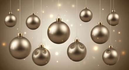 Shiny gold Christmas ornaments hanging with bokeh lights on a beige gradient background