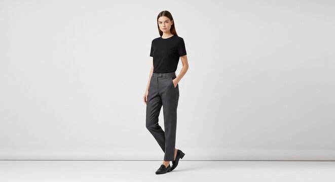 A full-length studio portrait of a woman standing confidently. She is wearing a basic black t-shirt, dark grey trousers, and black loafers against a white background