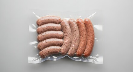 Variety of raw sausages in vacuum packaging against a neutral background