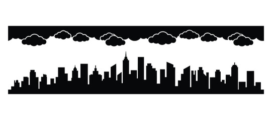 Wide panoramic vector city skyline silhouette with skyscrapers and clouds background.