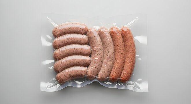 Variety of raw sausages in vacuum packaging against a neutral background