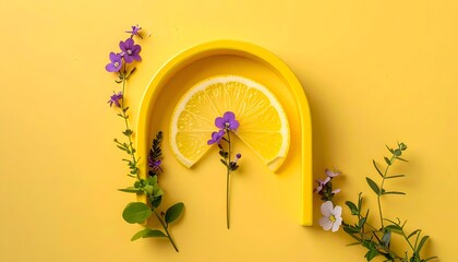 Lemon slice under yellow arch, with purple and green floral accents