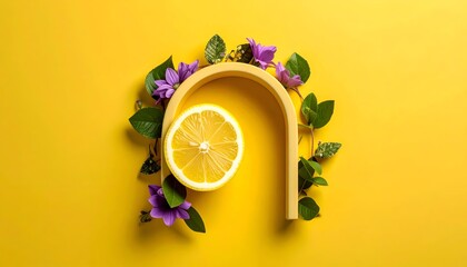 Yellow lemon, arch, & purple flowers against bright yellow backdrop