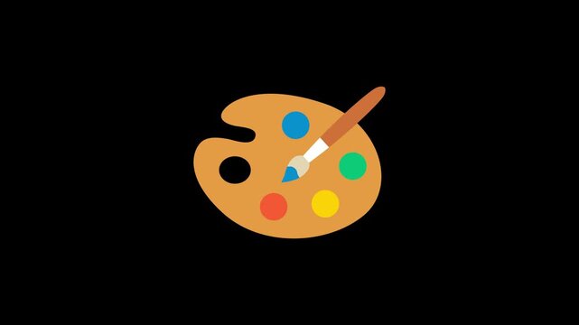 Animated icon representing painting tools or painted objects, typically shown with brushes, paint buckets, or color splashes. 4k on black background
