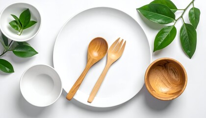 Minimalist flat lay with plate, wooden utensils, bowls, and green leaves