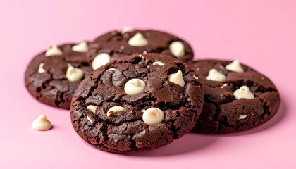 Stack of dark chocolate cookies with white chips on a pink background