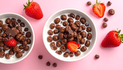 Two bowls of chocolate cereal, milk, strawberries on pink background, overhead