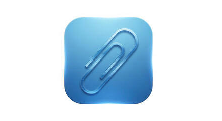 Obraz premium Close up of a shiny silver paperclip attached to a square blue digital icon surface isolated on transparent background